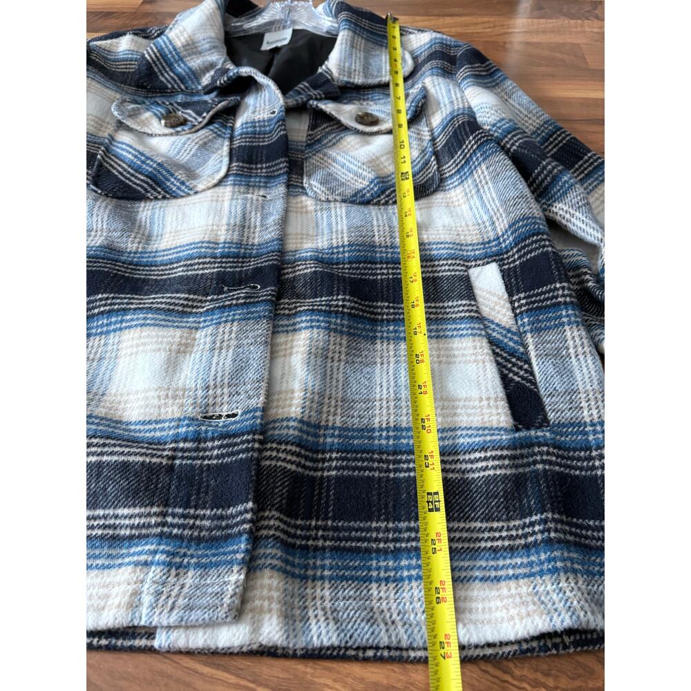 Kensie Jeans Shacket Oversized Plaid Flannel Shirt Jacket Blue Cream Size S - Picture 6 of 9
